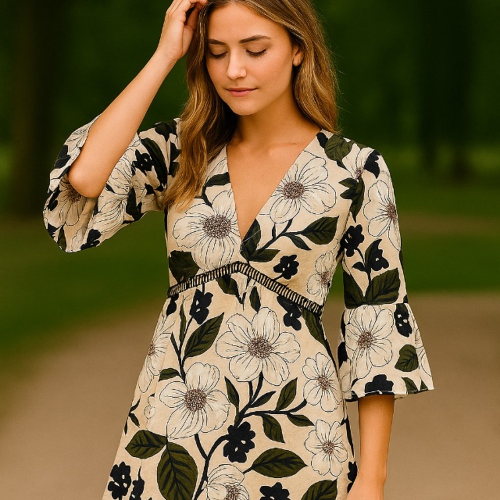 Rare London Cream and Dark Green Bell Sleeve Wrap Dress